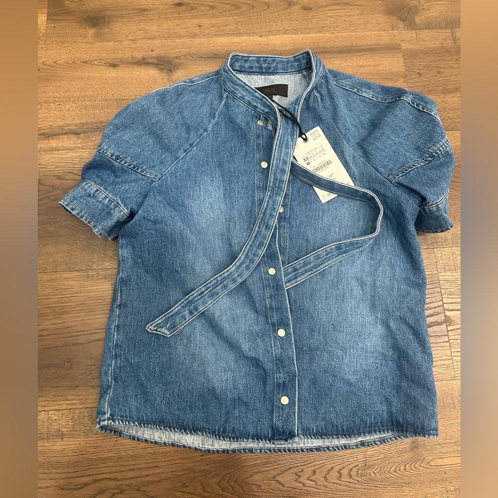 Zara oversized Blue Denim Short Sleeve Button-Up Top